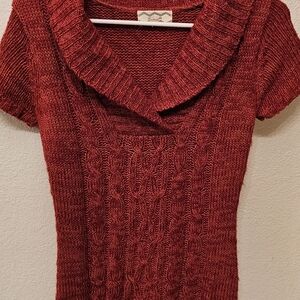 Pink Rose Red Cable-Knit Short Sleeve Sweater with Shawl Collar